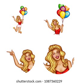 Vector pop art avatar of smiling blonde woman holding balloons with sale in jump. User icon in chat, blog or other networking social media for advertising, promotion. Teenage inside the white circle