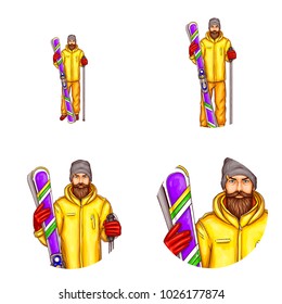 Vector pop art avatar of snowboarder - icon of bearded man in snowboarding suit, glasses, helmet, holding snowboard for blog, chat. Element for advertising of extreme sports equipment, promotion