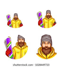 Vector pop art avatar of snowboarder, icon of skier, bearded man in snowboarding suit, holding snowboard for blog, chat. Element for advertising of extreme lifestyle, sports equipment, promotion