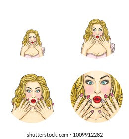 Vector pop art avatar of surprised pin up girl holding her hands in shock to announce discounts or sales. Great icon for invitation to parties or advertising discounts, sales. Networking illustration