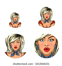 Vector pop art avatar of surprised pin up blonde girl in scarf to announce discounts or sales. Great icon with lady for networking, web, chat, blog or advertising discounts, sales, promotion.