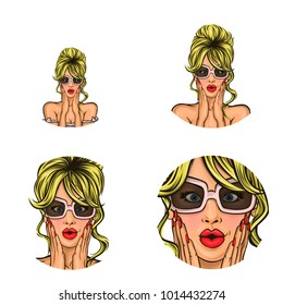 Vector pop art avatar of surprised pin up girl in glasses holding her hands in shock to announce discounts or sales. Great icon for chat, blog or invitation to parties, advertising discounts, sales.