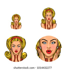 Vector pop art avatar of surprised pin up girl holding her hands in shock to announce discounts or sales. Great icon for networking, web, chat, blog or advertising discounts, sales.