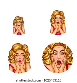 Vector pop art avatar of surprised girl with opened mouth in red dress, shocked of prices, sales, discounts. Icon of model, woman for chat, blog on white background
