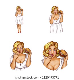 Vector pop art avatar of surprised obese blonde woman with hamburger. Shocked face of user, icon of fat lady in chat, blog or networking social media. Fatty inside the white circle