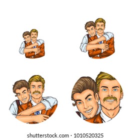 Vector pop art avatars for social network chat user profile or blog account picture icon template. Son boy embracing or hugging father adult man and happy smiling. Retro sketch set