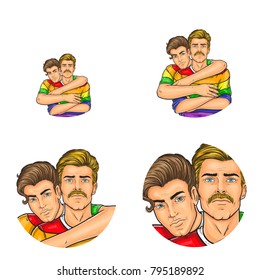 Vector pop art avatars for social network chat user profile or blog account picture icon template. Gay men or adult gays boys couple embracing in rainbow color shirt clothes. Retro sketch set