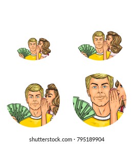 Vector pop art avatars for social network chat user profile or blog account picture icon template. Woman whispering in man ear holding dollars money in hand for gift or shopping. Retro sketch set