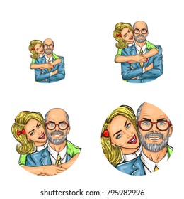 Vector pop art avatars for social network chat user profile or blog account picture icon template. Yong blonde girl embracing adult or old bald man in glasses happy smiling. Retro sketch set