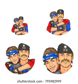 Vector pop art avatars for social network chat user profile or blog account picture icon template. Gay men couple embracing and happy smiling in 60th punk or leather clothes. Retro sketch set