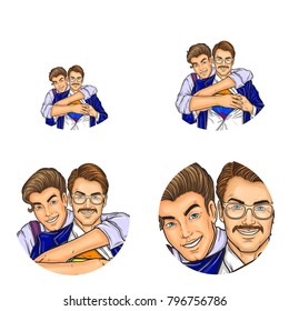Vector pop art avatars for social network chat user profile or blog account picture icon template. Gay men couple of young and adult boy embracing, smiling and unbutton shirt. Retro sketch set