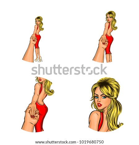 Vector pop art avatars for social network chat user profile or blog account picture icon templates. Young blonde woman girl in red sexy open back dress reaches out and holds man hand. Retro sketch set