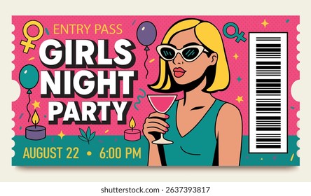 Vector pop art bachelorette party ticket. Stylish girl with cocktail, pink background, female symbols. Ideal for parties, women's events and girls' parties