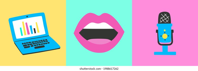 Vector pop art banner with laptop, mouth and microphone.