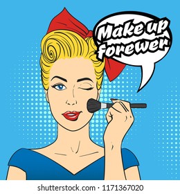 Vector pop art beautiful woman face with speech bubble holding face brush and winking. Retro style. Make up forever text. Blue background.