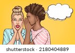 Vector pop art black man whispers to the ear gossips or secrets of surprised blonde girl. Shocked beauty woman with open mouth listen shocking news or information about sales, announcement, discounts.