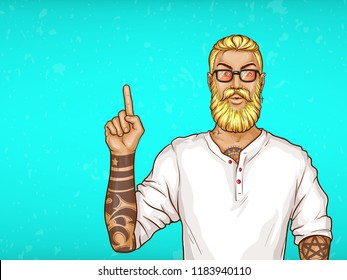 Vector pop art blonde haired man with beard, earring in white shirt and glasses. Guy with tattoos points with finger at sales, discounts. Character isolated on blue background. Sale, ad poster, banner