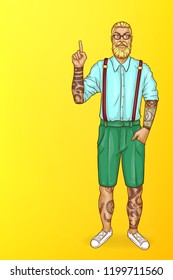 Vector pop art blonde haired man with beard, in blue shirt, green shorts and glasses. Guy with tattoos points with finger at sales, discounts. Character isolated on yellow background for poster