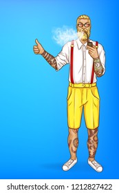Vector pop art blonde haired man with beard and smoking pipe, earring in white shirt, yellow shorts and glasses. Guy with tattoos makes a thumbs up, shows its approval. Character isolated on blue