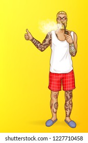 Vector pop art blonde haired man with beard smokes wooden pipe with tobacco. Guy in shorts, slippers with tattoos holds thumbs up. Character isolated on yellow background for poster, banner.