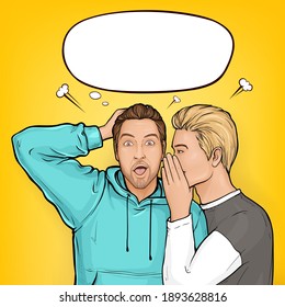 Vector pop art blonde haired man whispers about sales or secrets to ear of surprised brown guy in hoodie. Shocked man holding hands on head with wide opens his mouth and eyes on yellow background.