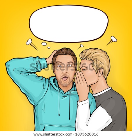 Vector pop art blonde haired man whispers about sales or secrets to ear of surprised brown guy in hoodie. Shocked man holding hands on head with wide opens his mouth and eyes on yellow background.