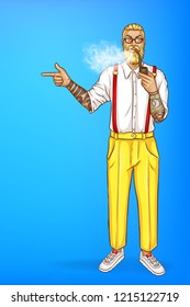 Vector pop art blonde man with beard and smoking pipe, earring in yellow pants and glasses. Guy with tattoos points with finger at sales, discounts. Character isolated on blue background for poster