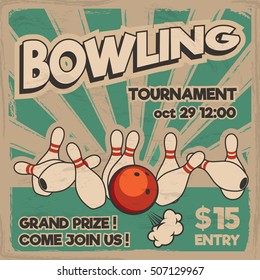 Vector pop art bowling illustration on a vintage background. Bowling strike. Retro tournament poster design concept. 