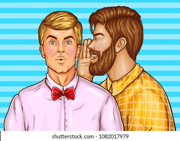 Vector pop art brown haired man with beard whispers about sales or secrets to the ear of surprised blonde guy in pink shirt. Shocked comic man isolated on blue striped background