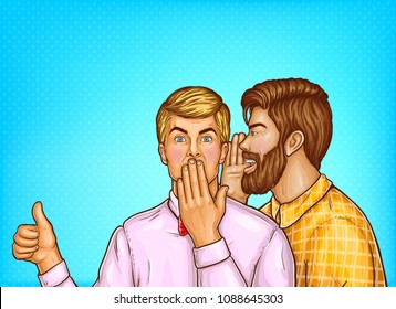 Vector pop art brown haired man with beard whispers about sales or secrets to the ear of surprised blonde guy in pink shirt. Shocked man shows thumbs up on blue background