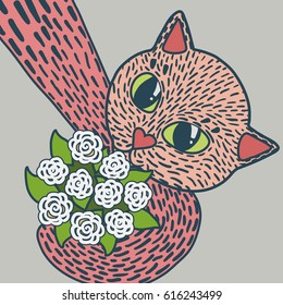 Vector pop art cartoon selfie of cute funny pink cat with yellow-green eyes holding a bouquet of white roses. Isolated, light grey background. Top view.