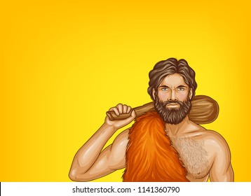 Vector pop art caveman in fur loincloth, wooden club isolated on yellow background. Strong male character of prehistoric, stone age. Illustration for ad poster, promo banner