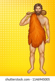 Vector pop art caveman in fur loincloth, wooden club isolated on yellow background. Strong male character of prehistoric, stone age. Illustration for ad poster, promo banner