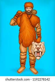 Vector pop art caveman in fur pants, clothes and footwear. Hunter holds wild animal head, prey. Neanderthal with wooden club isolated on blue background. Winter, ice age concept with male character.