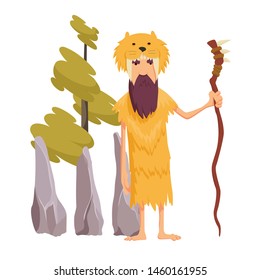 Vector pop art caveman in fur animal skin and wooden stick. Male character of prehistoric, stone age. Illustration for ad poster, promo banner.