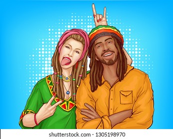 Vector pop art characters - a couple of smiling rasta guy with dreadlocks and woman in the green shirt. Man in orange jacket with sexy girl isolated on blue dotted background. Cute young people.