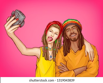 Vector pop art characters make selfie - couple of smiling rasta guy with dreadlocks and woman in the yellow shirt. Man in orange cloth with sexy girl take a picture, people isolated on pink background