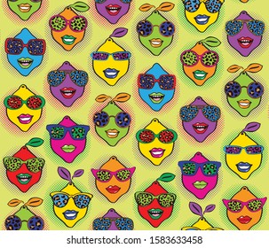 Vector Pop Art Citrus seamless pattern, fun colorful lemon fruit background