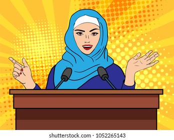 Vector pop art comic retro style illustration of muslim beautiful woman in hijab giving speech for a big audience. Concept of widening the civil and social rights of muslim women