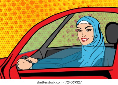 Vector pop art comic retro style illustration of islamic beautiful woman in hijab driving car. Concept of allowance for saudi women to drive 