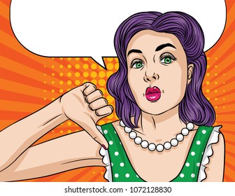 Vector pop art comic style illustration of a beautiful young woman keep finger down. retro style girl showing dislike