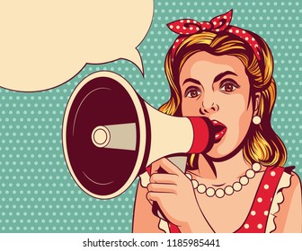 Vector pop art comic style illustration of a beautiful girl with a loudspeaker. The young woman speaks in a megaphone. Vintage poster of a lady in red dress over a blue background with a mouthpiece