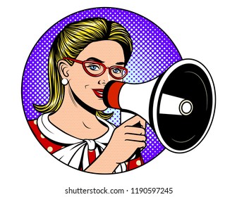 Vector pop art comic style illustration of a beautiful girl holding a loudspeaker over a blue dot background. Happy woman's face with a megaphone telling a news. Young woman announcing information