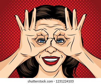 Vector pop art comic style illustration of a young woman face. A girl in search of something. The girl crossed her fingers and looks like through binoculars. Face of a brunette with red lipstick