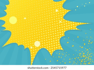 Vector pop art comic style background design. Cartoon flat style background or banner in blue and yellow with halftones.