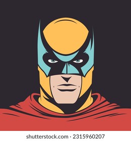 Vector Pop Art Comic Super Hero, Man in Hero Mask in Cartoon Comic Book Style with Outline on Black Background. Super Hero Portrait from Retro Comic Book. Superhero Man Portrait in Front View