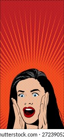 Vector Pop Art Comics Shocked Woman on Red Background. Dotted Pattern and Solid Color are Separate Layers. 