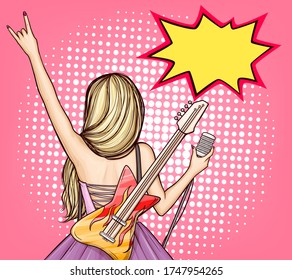 Vector pop art cool rock star girl in dress with electric guitar and microphone showing rock 'n' roll sign, back view. Musician on stage. Poster for metal festival, party, disco, concert, music fest.