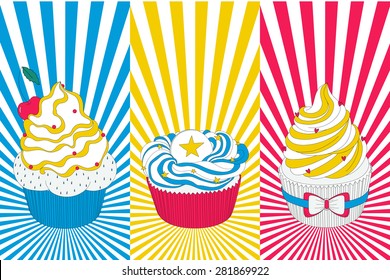Vector pop art cupcake in bright yellow, blue and red colors. Use it for your menu, invitation, website and other kind of designs.