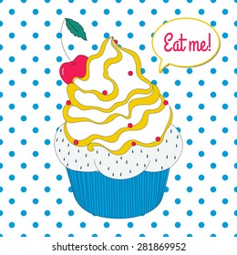 Vector pop art cupcake in bright yellow, blue and red colors. Use it for your menu, invitation, website and other kind of designs.